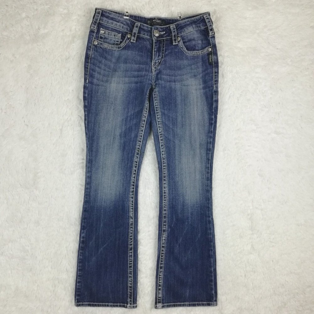 Silver Womens Jeans Aiko Boot Cut Blue Denim Low Rise Stone Wash Whiskering 29